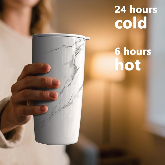 TILUCK 20 oz Insulated Coffee Tumbler with BPA-Free Lid | Travel Coffee Mug, Dishwasher Safe, Cup Holder Friendly, Double-Wall Vacuum Insulation for Hot & Cold Drinks, Marble