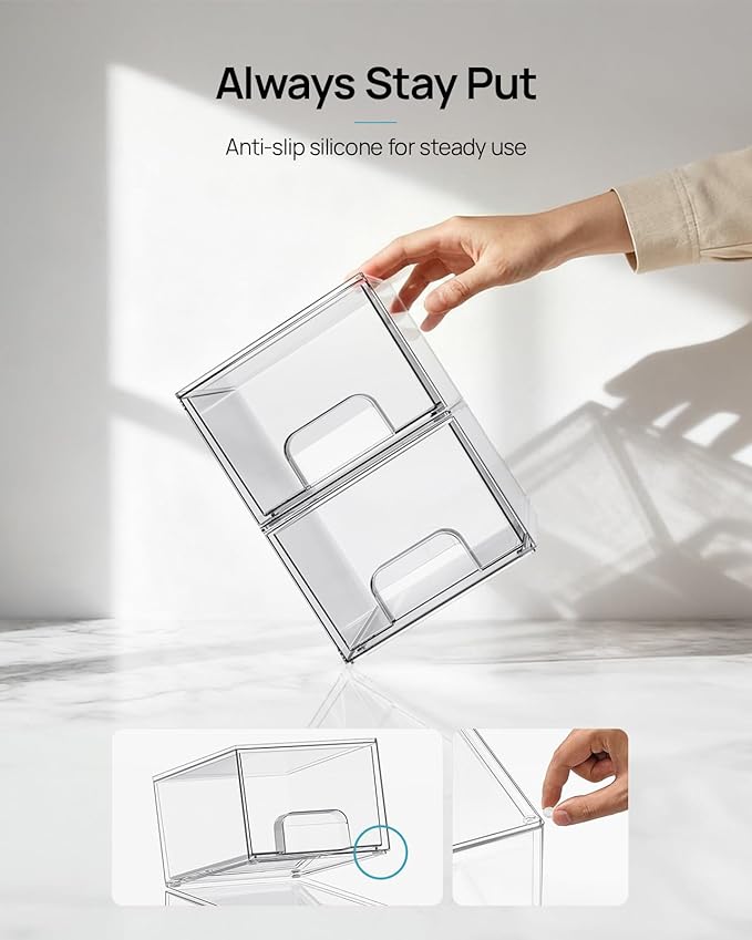 Vtopmart 4 Pack Small Clear Stackable Storage Drawers for Desk, Countertop | Bathroom Makeup Accessories Organizer, Plastic Bins For Desk, Vanity, Undersink, Medicine Cabinet ,Home Organization