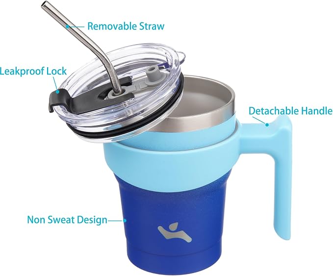 Konokyo 10 oz Tumbler with Handle and Straw, Insulated Travel Mug | Sky; BPA-free, leak-proof tumbler with 2 lids, 2 straws, cup holder fit for coffee, office, travel & daily use