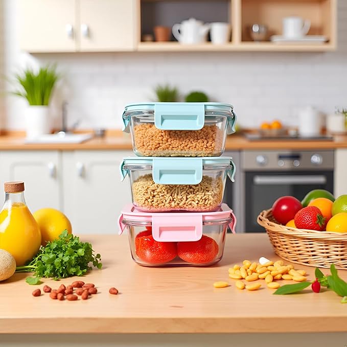 2Cup Square Glass Food Storage Containers, Small Square Food Containers With Airtight Lids Leak-proof, BPA free 16oz Glass Meal Prep Bowls, Dishwasher, Microwave, Freezer Safe (4 color)