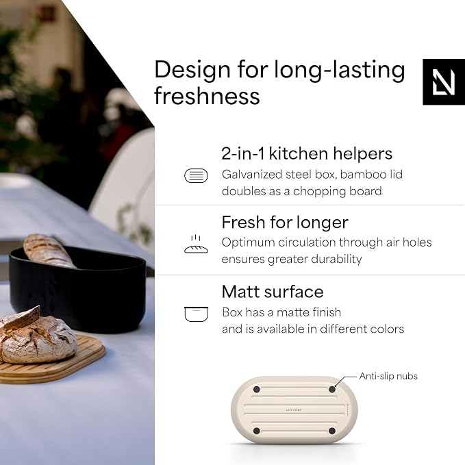 LARS NYSØM Bread Box I Metal bread box for long lasting freshness with non-slip pads I Baked goods Bin with bamboo lid usable as cutting board I 13.6x7.3x6.2in (Cream Beige)