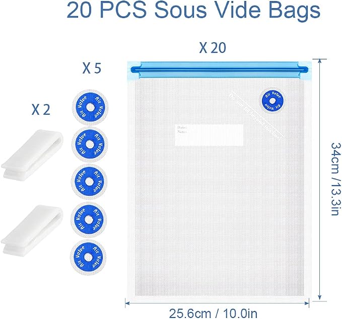 Sous Vide Bags Reusable 27Pcs, BPA Free Food Vacuum Sealer Bag, Food Storage Bags, Vacuum Zipper Bags for Sous Cooking - 20Pcs Vacuum Food Sealer Bag & 5 Air Valves & 2 Seal Clips (13.5X10 in) 4.3L