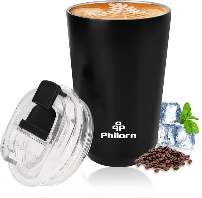 PHILORN Travel Mug Spill Proof - 12 OZ Insulated Coffee Cup With Lid | Black Stainless Steel Coffee Mug with Double Wall, For Hot and Cold Drinks