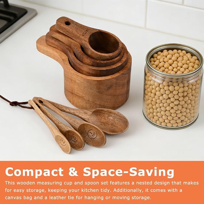 8-Piece Acacia Wood Nesting Measuring Cups and Spoons Set, Laser Engraved Precision Markings, for Baking & Cooking, Gift for Bakers Chefs Home Cooks, Rustic Farmhouse Kitchen Decor