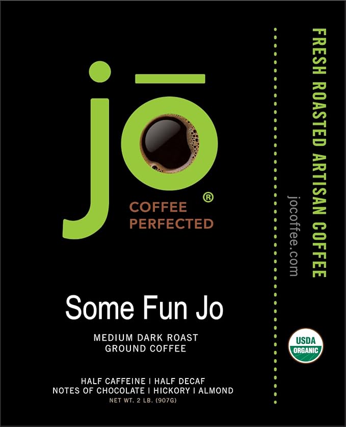 SOME FUN JO: 2 lb, Organic Half Caff Coffee, Ground | 50/50 Regular/Decaf, Medium-Dark Roast, Rich Tasting Notes, USDA Kosher Certified, Fair Trade Gluten & Chemical Free, NON-GMO