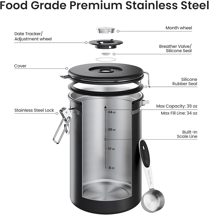 Veken Coffee Canister,39OZ, 2.2lbs,Large Airtight Stainless Steel Container | Kitchen Food Storage Jars for Beans,Ground, Espresso, Rice,Tea, Sugar, Cereal, Cookie, Gifts, Lids, Scoop, Black
