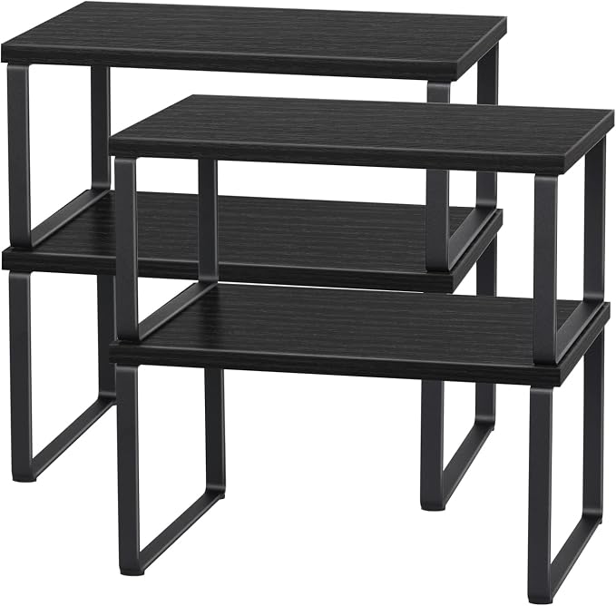 CADUKE Set of 4 Kitchen Counter Shelves, Cabinet Organizer, Black | Wood Countertop Shelves, Stackable Shelf Organizer, Expandable Cabinet Shelf, For Pantry, Industrial