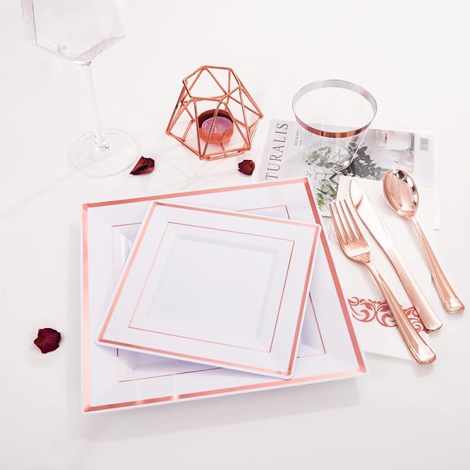 300 Pieces Rose Gold Plastic Silverware- Disposable Flatware Set - Heavy Duty Plastic Cutlery Includes 100 Forks, 100 Spoons, 100 Knives Perfect for Wedding/Party/Birthday