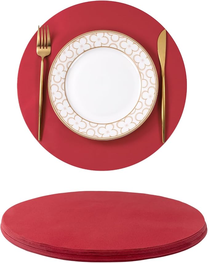 SHACOS 100 pcs Christmas Disposable Round Paper Placemats 13 inch Colored Paper Decorative Place Mats for Wedding Birthday Party Events Table Decoration, Dark Red