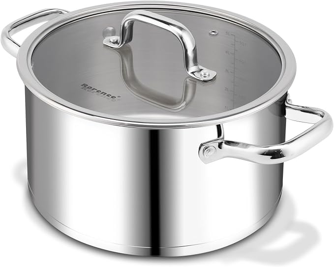 Rorence Stainless Steel Stock Pot, 6-Quart | Tri-Ply Base, Large Pot Induction Cooking Pot with Lid, For All Stoves, Oven & Dishwasher Safe