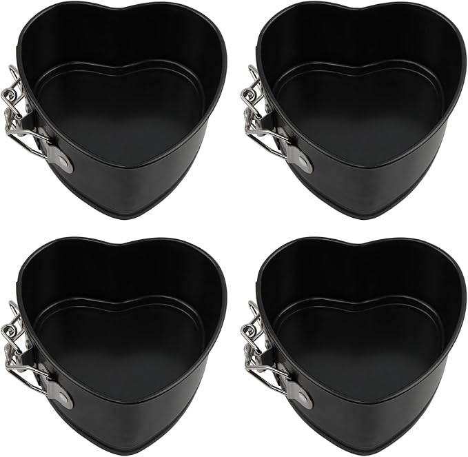 4 Inch Heart Springform Pans, Set of 4 Baking Pan | Mini heart shaped springform pans with removable bottoms and nonstick carbon steel; oven safe to 450F