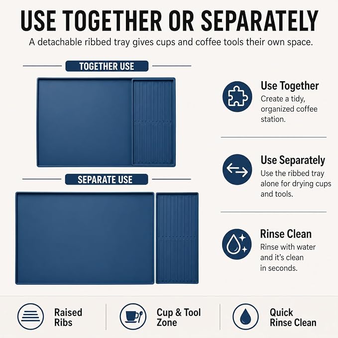 Silicone Coffee Mat 24 x 16 in with Tray, Deep Sea Blue | Coffee bar mat for countertop use, coffee station mat or coffee machine mat with removable tray and 0.47 in raised rim.