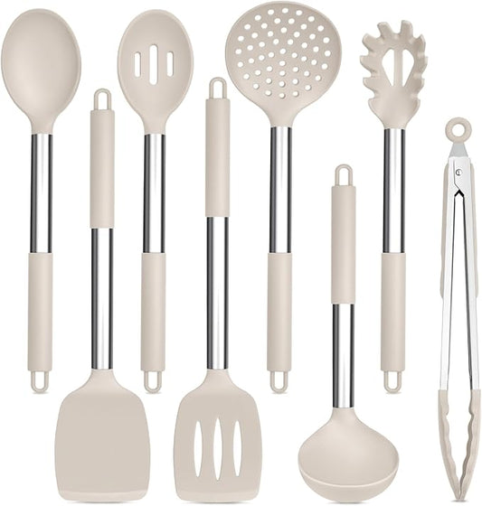 TeamFar Kitchen Utensils Set of 8, Silicone Utensils Kitchen Tools Set | with Stainless Steel Handle, for Frying Serving Flipping Draining, Non-toxic & Heatproof, Nonstick & Dishwasher Safe - Khaki
