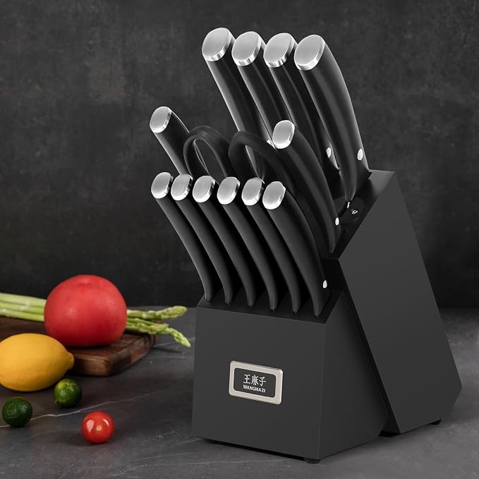 Professional Kitchen Knife Set, 15 Pcs Sharp Kitchen Knife Set with Built-In Knife Sharpener, Dishwasher Safe, German Stainless Steel Knife Block Set for Home Kitchen Gifts, Black