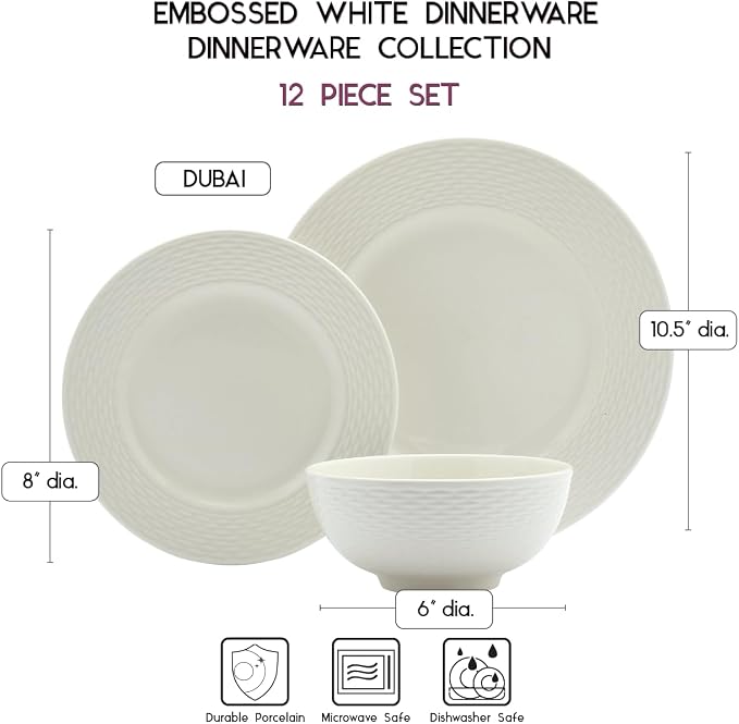Tabletops Gallery Embossed Bone White Porcelain Round Dinnerware Collection- Chip Resistant Scratch Resistant, Dubai 12 Piece Dinnerware Set (Dinner Plate, Salad Plate, Cereal Bowl)