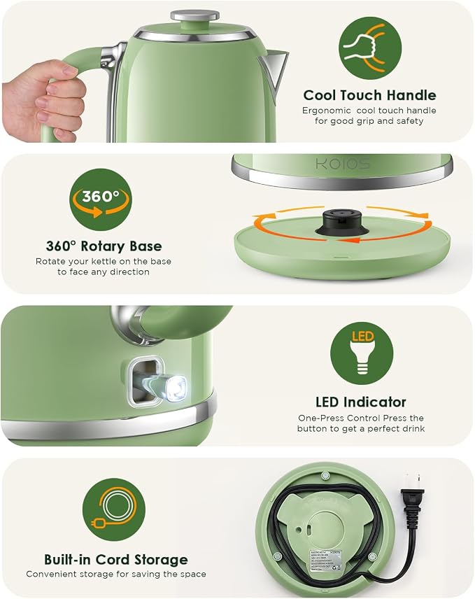 Electric Kettle 1.8L with Temperature Gauge, 1500W Fast Boiling Electric Tea Kettle, 100% Stainless Steel Retro-Style Hot Water Kettle Electric - Glowing LED Light, Auto Shut-Off & Boil-Dry Protection
