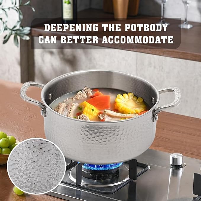 Vivicreate Tri-Ply Stainless Steel Stockpot – Deep Cooking Pot with Hammered Exterior, Compatible with All Stovetops, Even Heat Distribution, Durable Cookware for Soups, Stews, and More（7QT）