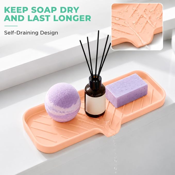 MicoYang Silicone Soap Dish with Drain Spout — Self-Draining Double Sink Organizer Tray for Kitchen & Bathroom, Dispensers, Sponges & Soap Holder, Non-Slip & Dishwasher Safe, Pink (Large, 12"×4")