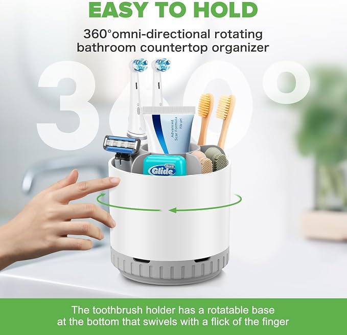 GFWARE Rotating White Toothbrush Holder for Bathroom Organizer, Drainage | Detachable 6 Slots Kids Electric Toothbrush and Toothpaste Holder, Bathroom Countertop Sink Storage Caddy