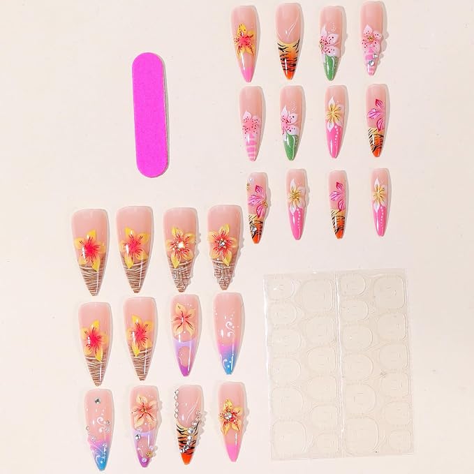 24Pcs Long Press On Nails Stiletto French Tip Fake Nails 3D Hawaii Flower Nails with Rhinestone Design Summer Floral Acrylic False Nails Full Cover Artificial Almond Nails Tips for Women Manicure