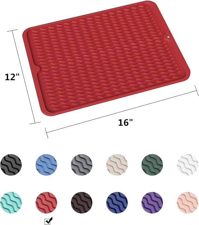 ZLR Silicone Dish Drying Mat for Kitchen Counter, 16"x12", Lava Red | Fast-Dry Wavy Ridges, Raised Edges Contain Water, Heat-Resistant Trivet to 450°F, 5mm Thick, Non-Slip, Dishwasher Safe