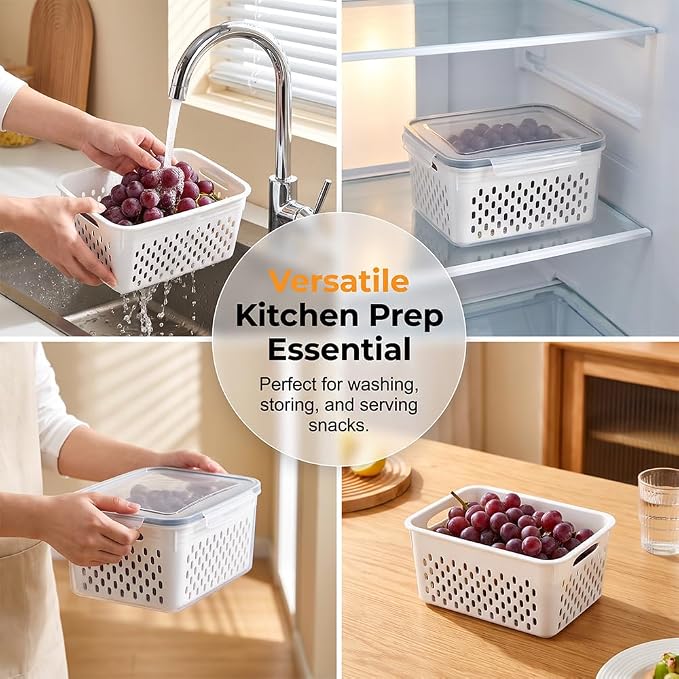 Fruit Storage Containers for Fridge, Leakproof Produce Containers with Colanders & Lids, Refrigerator Organizers and Storage for Berry Vegetable Salad Lettuce Meat Food, Gray, S