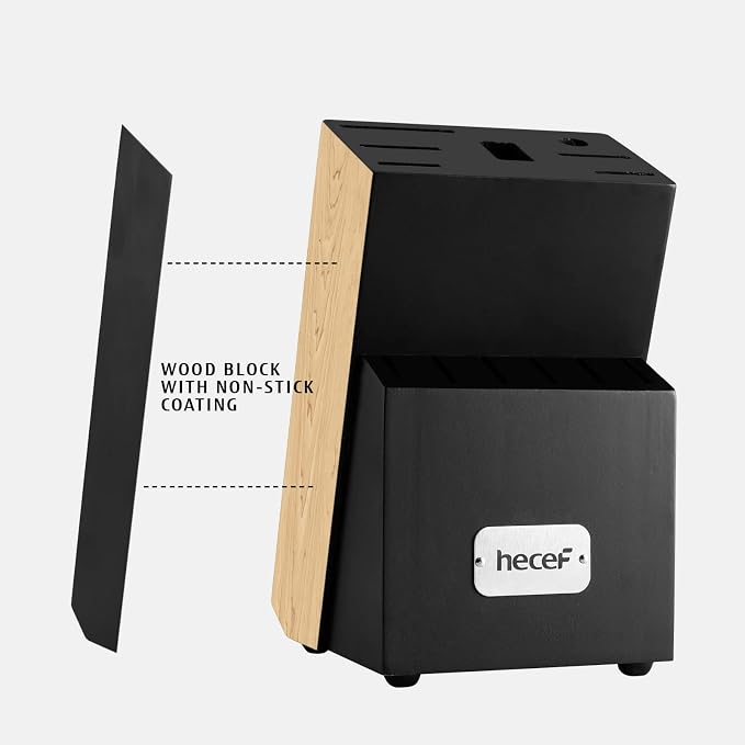 hecef Kitchen Knife Block Set, 14 Pieces Knife Set with Wooden Block & Sharpener Steel & All-purpose Scissors, High Carbon Stainless Steel Cutlery Set (Black) | Dishwasher Safe, High Carbon Stainless Steel, Includes Steak Knives & Kitchen Scissors
