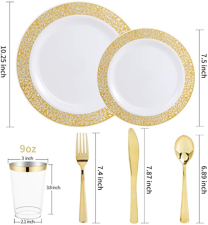 WELLIFE 175 PCS Gold Plastic Plates, Gold Rim Plastic Dinnerware Set, Includes: 25 Dinner plates, 25 Salad Plates, 25 Tumblers 9oz, 50 Forks, 25 Knives and 25 Spoons for Party