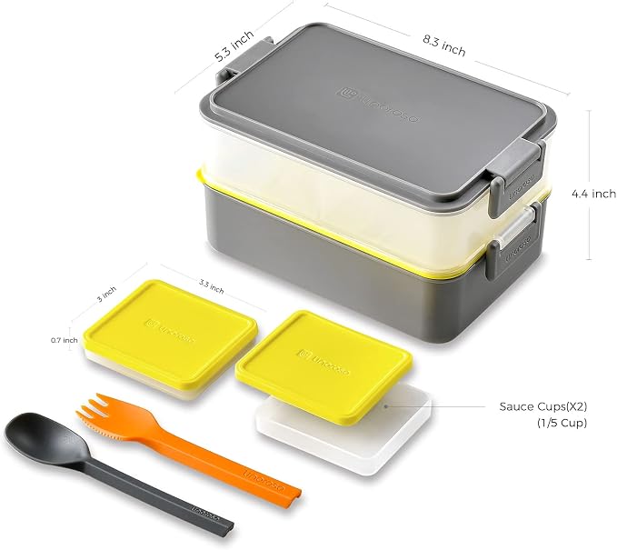 Stackable 2-Tier Adult Bento Box, 4 Compartments - Ultimate Gray | leakproof sauce cups, utensil set included, microwave & dishwasher safe, 7 colors available, ideal for work/school/picnic