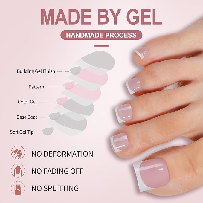 Misssix Press on Toenails Short, French Tip Toe Nails Square, Pink | 150pcs Soft Gel False Toenail, Acrylic Soak off Fake Toe Nails for Women Nail Art DIY 15 Sizes