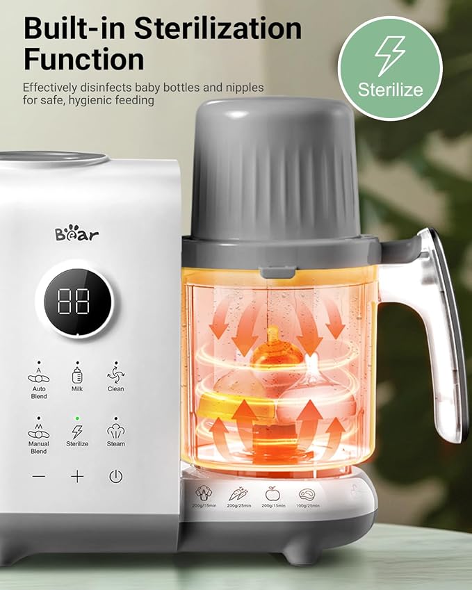 Bear Baby Food Maker Steamer&Blender with Dual-Layer Steam Baskets, 18.5oz | OneStep Baby Food Processor Puree Maker Grinder Mills Bottle Warmer, Sterili-zing for Healthy Homemade Baby Puree, BPA-Free