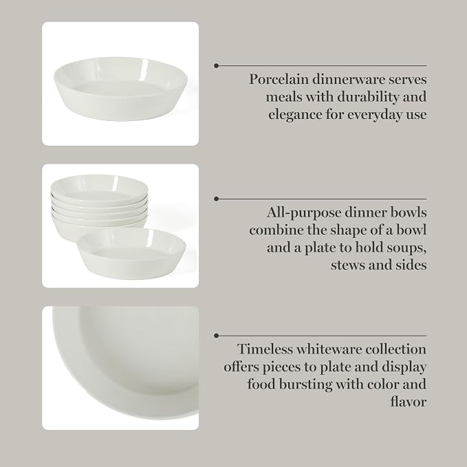 Martha Stewart Selma Pasta Bowls Set of 6, 43oz White Porcelain Soup Bowls & Salad Bowl, Wide and Shallow, Chip Resistant, Dishwasher & Microwave Safe