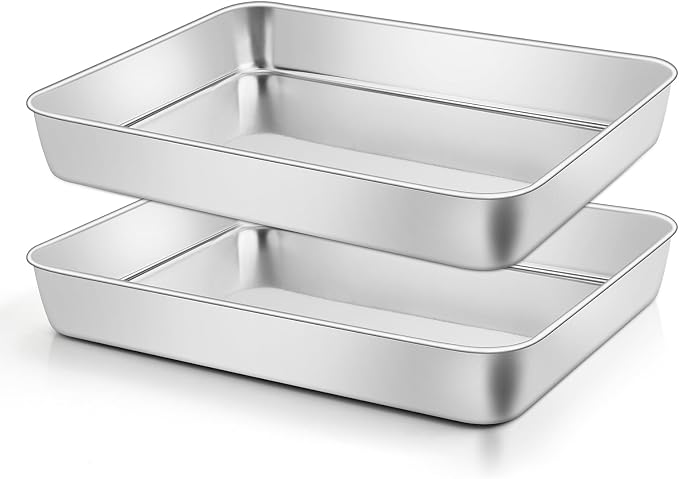 Leonyo Stainless Steel Baking Pans Set of 2, 12⅓ x 9¾ x 2 Inch Cake Pan, Nonstick & Heavy Duty, Deep Rectangular Lasagna Pan Sheet Bakeware for Focaccia, Bread, Brownies, Casseroles Dish