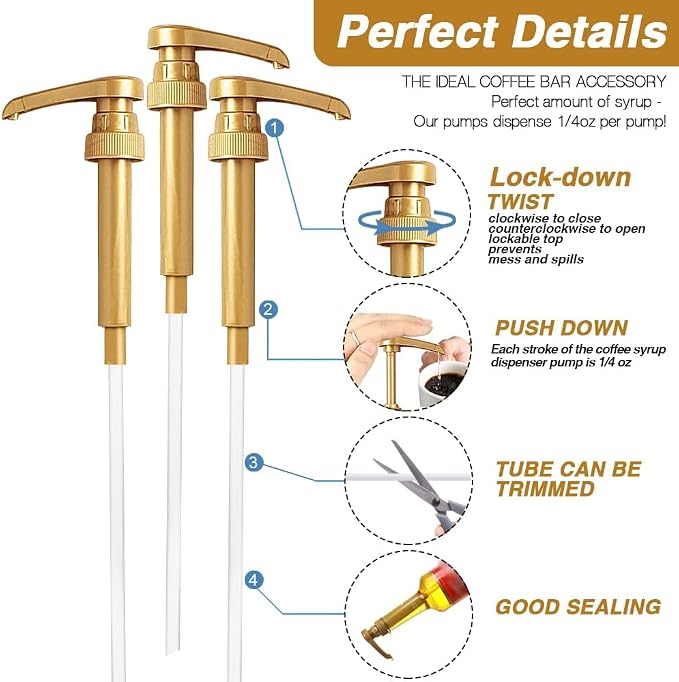 12 Pcs Gold Coffee Syrup Pump Compatible with 25.4Oz/750ml Bottles | Syrup Dispenser Pumps, Great for Home & Coffee Bar, Drinking Mixes, Tea, Beverage, Cocktails, Syrup Bottles, Plus Spoons