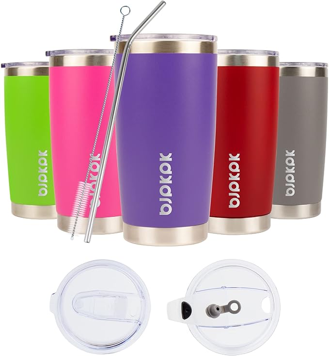 BJPKPK 20 oz Coffee Tumbler with Lid, Straw, Insulated Stainless Steel Mug | Double Wall Vacuum, Keeps Hot/Cold, BPA Free, Leak Proof, Iced Coffee Cup Fit Car Holder, Travel & Beach Ready, Purple
