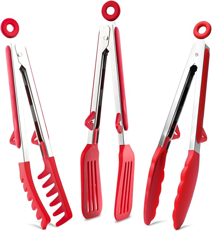 9" Kitchen Tongs for cooking with Silicone Tips, 3Pcs Serving Tongs, Red | Small Silicone Tongs mit kickstand, Food Grade, 3 different type of tongs, Stainless Steel