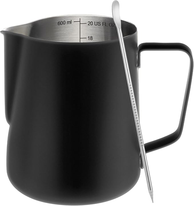 Amrules Milk Frothing Pitcher, 20oz Milk Frother Cup with Clear Scale, 304 Stainless Steel Cappuccino Espresso Machine Accessories for Barista Coffee Bar with Latte Art Pen, Black