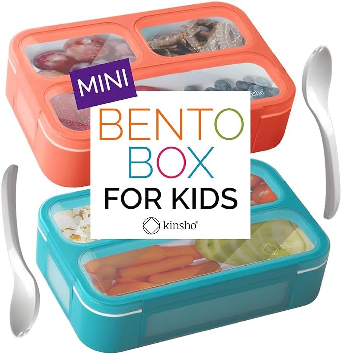 kinsho Small Snack Box Container for Kids Toddlers, Set of 2 (Coral+Blue) | 3 Compartments, Leak-Proof, Spill Proof, BPA-Free Reusable Small Mini Bento Lunch Box for Daycare School Travel, Holds 2 Cups