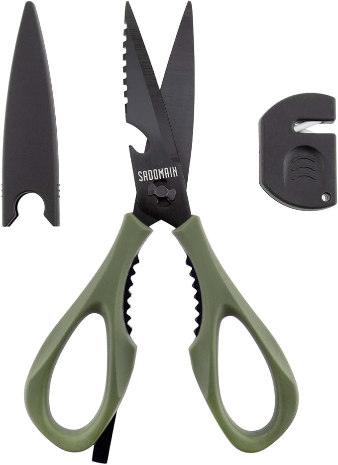 Kitchen Scissors All Purpose, Extra Sharp Kitchen Shears with Knife Sharpener & Sheath, Solid & Durable Stainless Steel Scissors with ANTI-RUST Black Titanium Plated, Dishwasher Safe – Green
