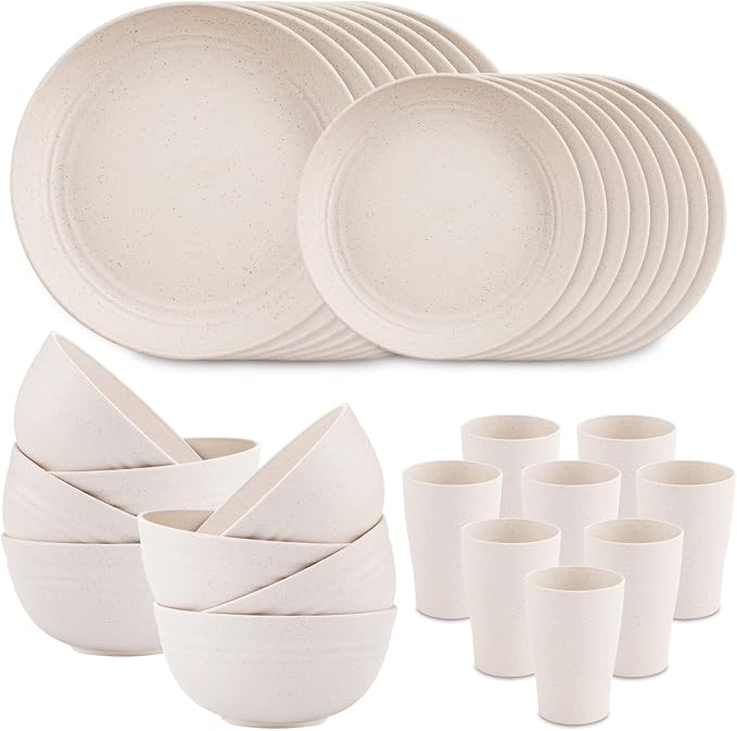32Pcs Beige Wheat Straw Dinnerware Set Service For 8 Shatterproof | Elegant Cream Wheat Straw Plastic Dinnerware Set Includes Shatterproof Plates And Bowls For Rv Camping And College Dorm Use