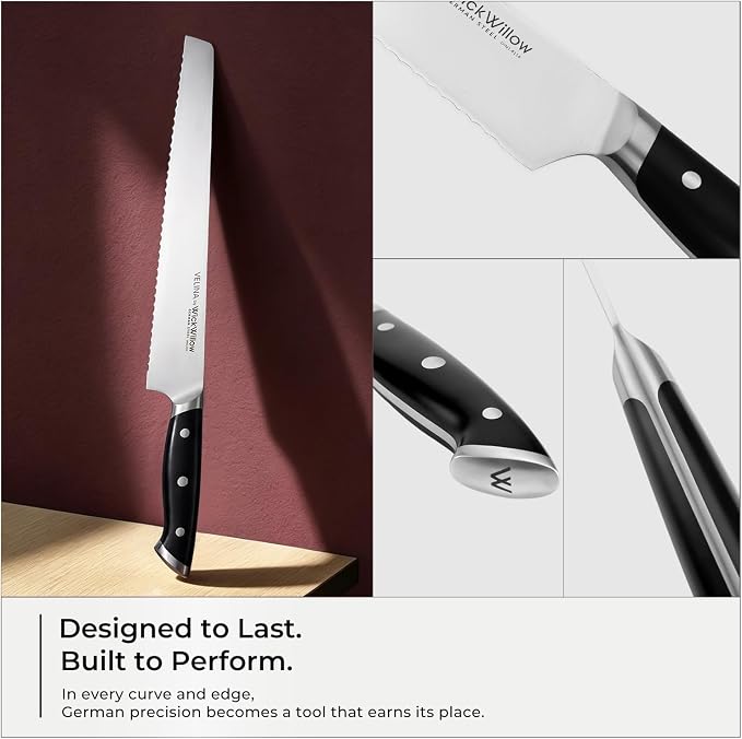 WICKWILLOW 10” Bread Knife – Razor Sharp German High-Carbon Stainless Steel | Cleanly slices homemade bread, sourdough and pastries with long-lasting serrated performance. Gift-Ready.