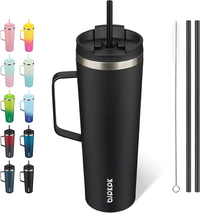 BJPKPK 30oz Insulated Tumbler with Handle, Lid & Straw, Stainless Steel | Double Wall Vacuum Insulated Coffee Travel Mug - Keeps Cold & Hot, BPA Free, Cupholder Fit for Office, Gym & Travel