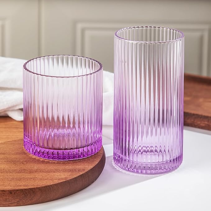 Ribbed Drinking Glasses 8pcs, 12oz and 10oz Glassware, Tumbler Glasses Cup Set for Wedding, Party, Christmas Gift, Purple