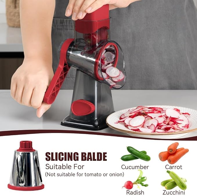 Rotary Cheese Grater Pro 6 in 1 - Shredder Crinkle Slicer Grinder Ice Shaver, Stable Suction, Time-saving Easy Use & Clean, Safe Morden Kitchen Tool for Cheese, Vegetable, Nuts, Chocolate