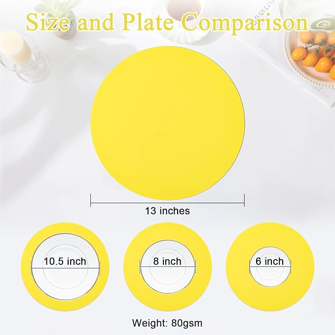 SHACOS 100 pcs Round Paper Placemats Disposable 13 inch Colored Paper Decorative Place Mats for Wedding Birthday Party Bridal Baby Shower Events Table Decoration, Yellow (Pack of 2)