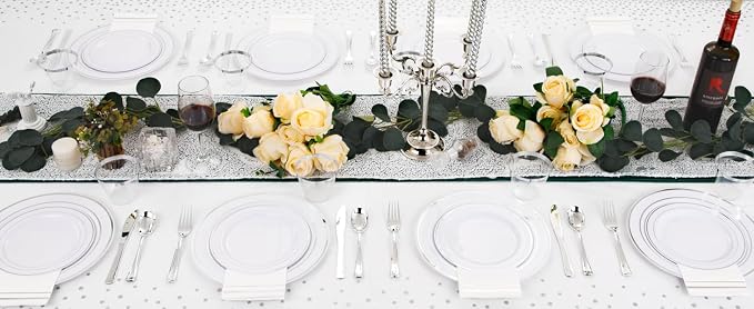 GATHER 176PCS Silver Plastic Plates for Wedding and Party | White and Silver Disposable Plates include 50 Plates, 75 Silverware, 25 Napkins, 25 Cups, 1 Tablecloth