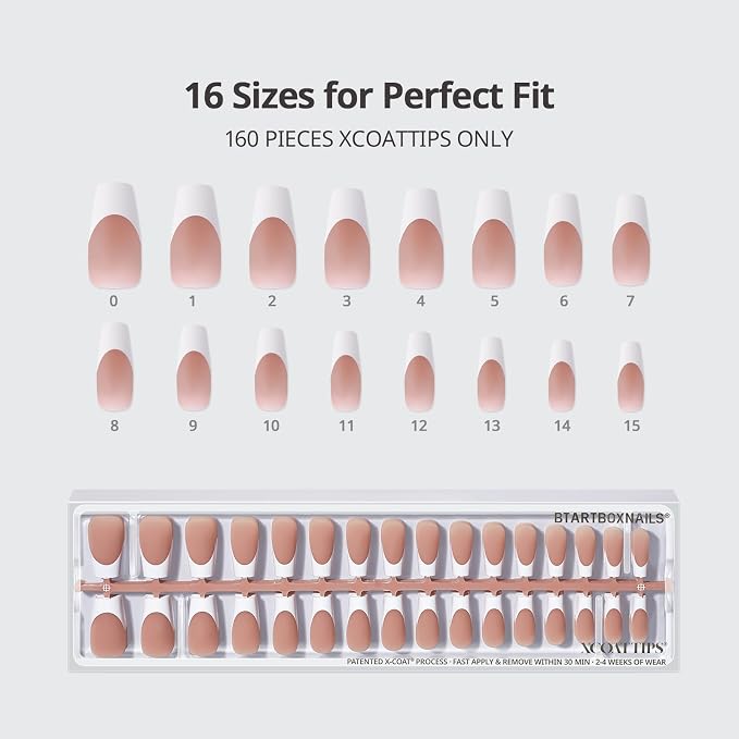 BTArtboxnails XCOATTIPS White French Tip Press On Nails, Long Coffin, Brown | Lamp-Curable, 4-Week Wear, Salon Quality Value at Home, Natural Nail Look, Easy-to-Apply for Beginners, 160Ct Nail Tips Only