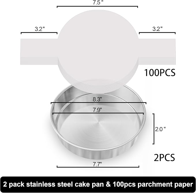 8 Inch Cake Pan Set of 2, Stainless Steel Baking Pans & 100 Parchment Paper | AWTBDP Nonstick Smash Circle Round Cake Pans Tins for Birthday Christmas Layer Cake, Healthy & Dishwasher Safe & Easy Clean
