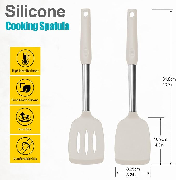 2 Pack Spatulas, Solid & Slotted Silicone Spatula Set, Stainless Steel Handle Coated with Silicone, Non Stick Turners, Heat Resistant Rubber Spatulas for Fish, Eggs, Pancakes, Khaki