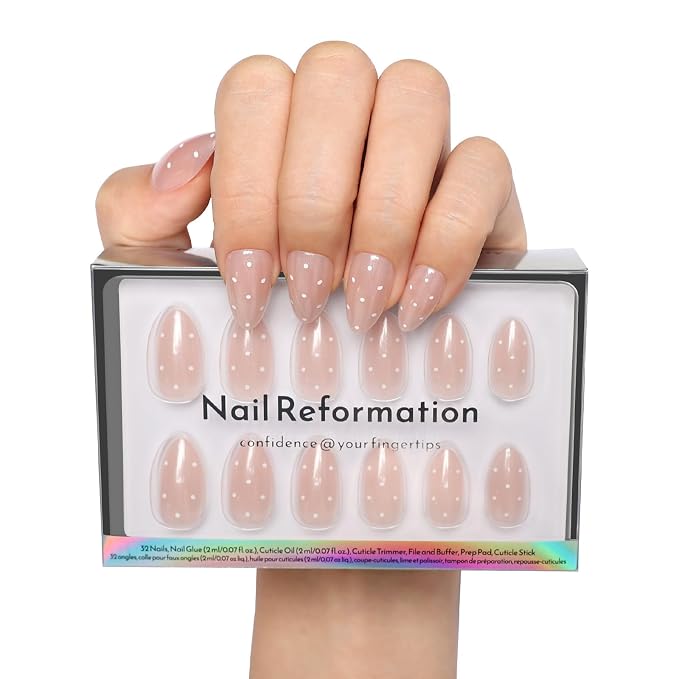 Nail Reformation Press On Nails, Milk Dots | Polka Dot Short Almond 32 Pcs | 16 Sizes Fake Nails on Pink Shimmer Base in Glossy Finish, Reusable Stick On False Nail Kit with Glue, Gifts for Women